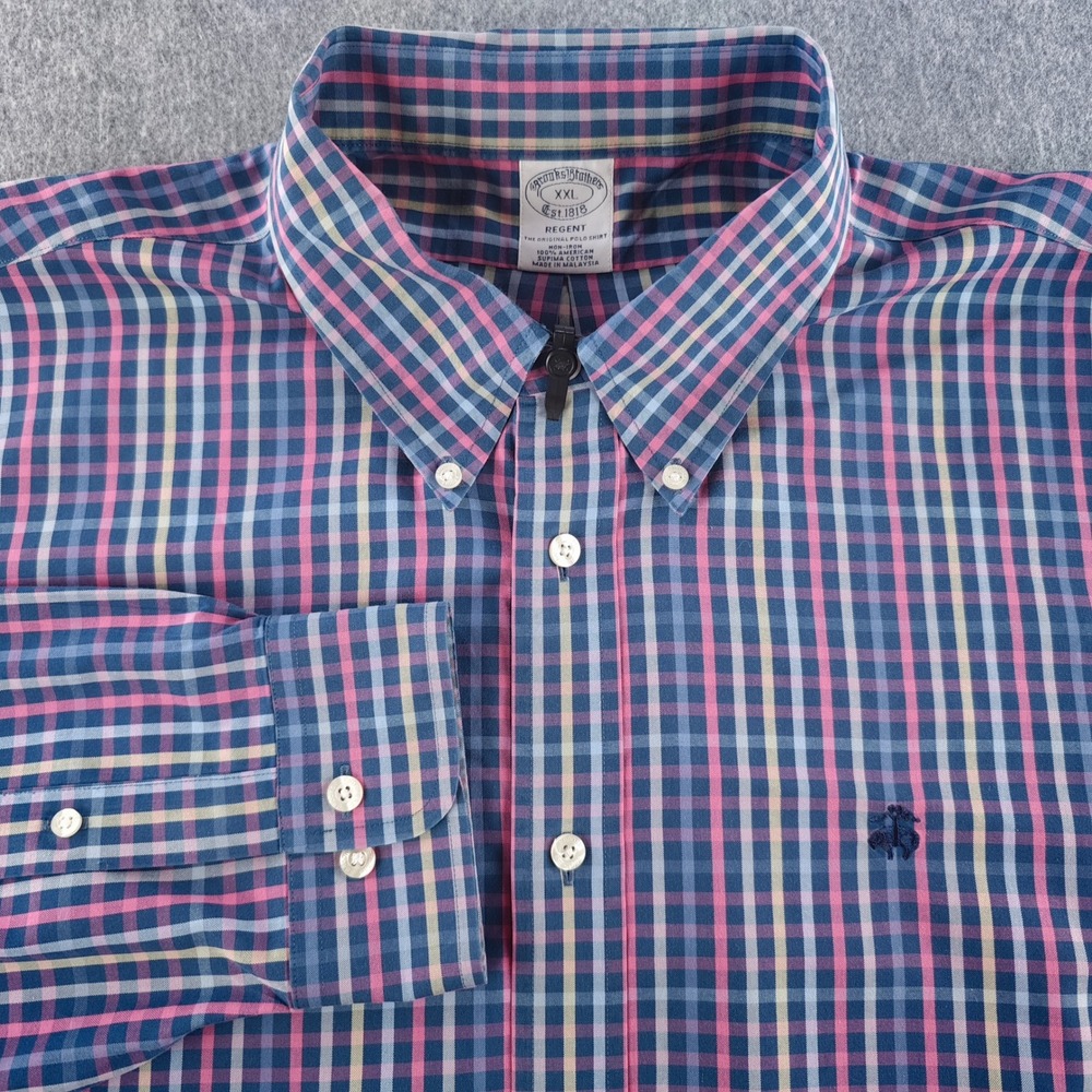 Brooks Brothers Regent Fit Button Down Shirt Mens XXL Blue Pink Plaid LS